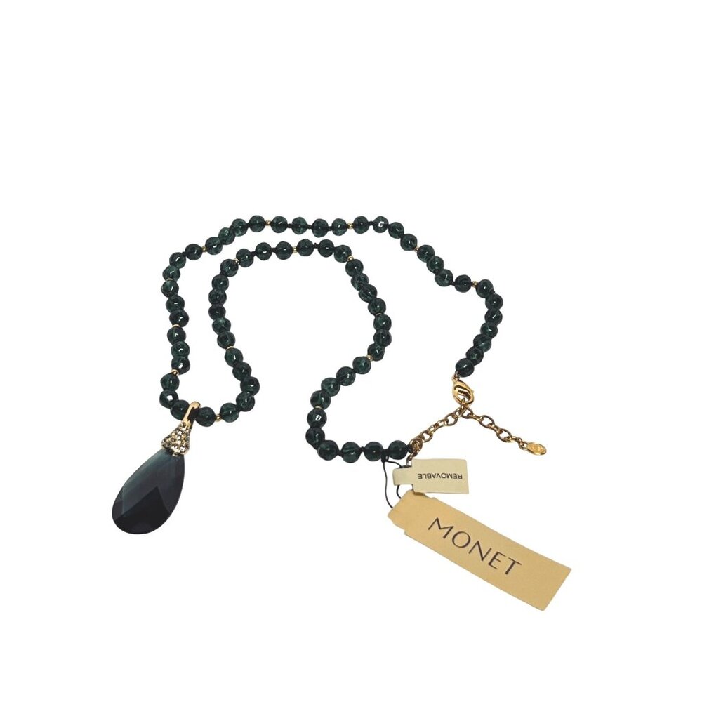 Monet Green Beads And Gold Accents Necklace W/ Removable Teardrop Pendant (6269) - Picture 6 of 11